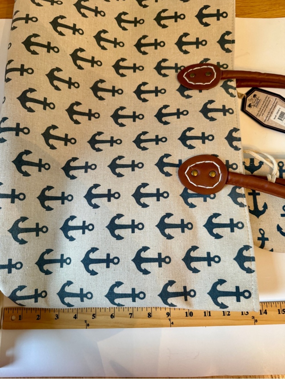 Reduced!! NWT Sun 'N' Sand Canvas Nautical Anchor Print Tote with Brown Handles - Picture 12 of 16